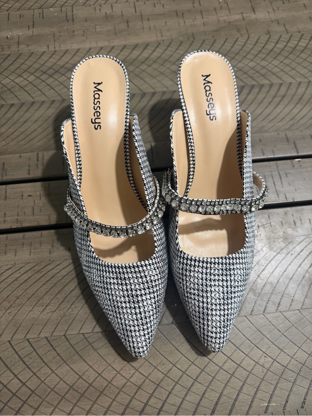 Houndstooth Pointed-Toe Mule with Rhinestone Strap - Black & White